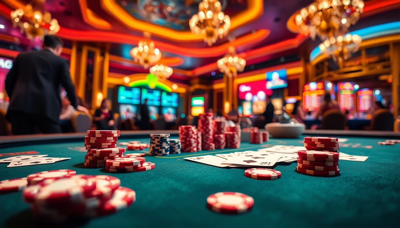 Casino en ligne avec un environnement lumineux et des joueurs engagés autour de la table de jeu.