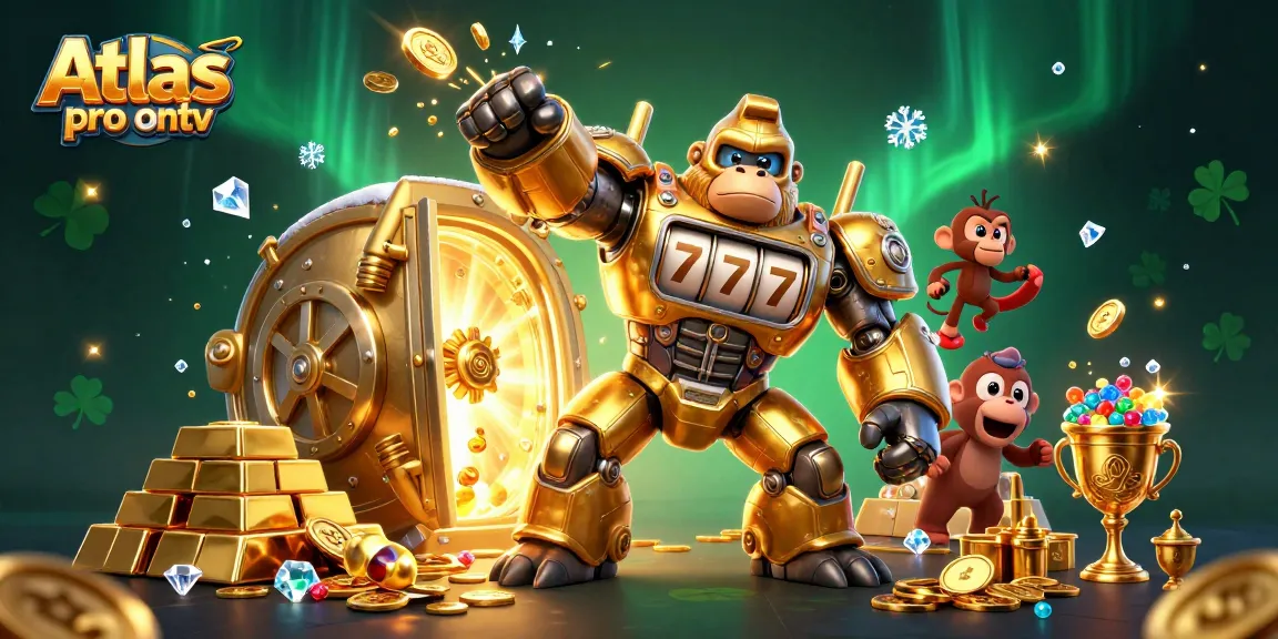 Engage with Atlas pro ontv while exploring captivating 3D illustrations of a golden mech and golden treasures.