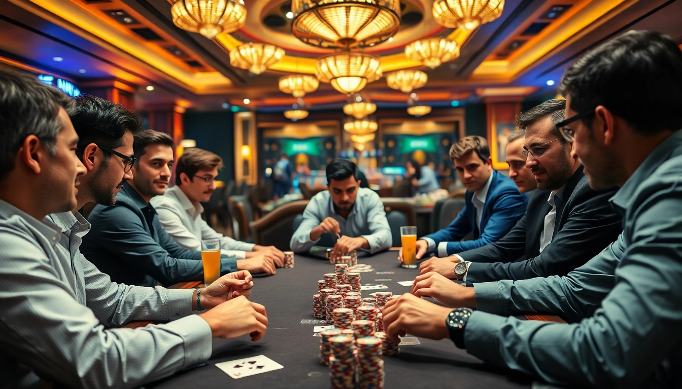 Jouez au poker en ligne dans un environnement de casino vibrant avec des joueurs concentrés. related image