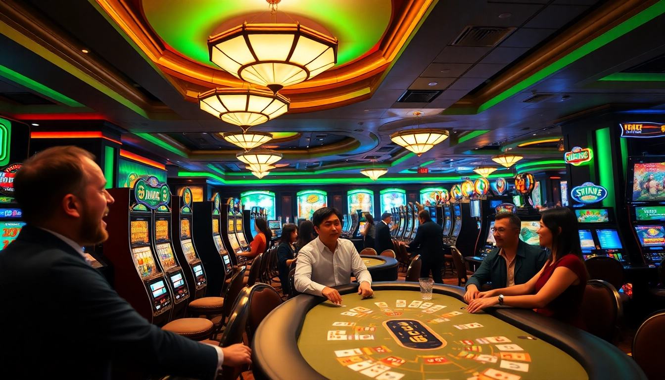 Joueurs de casino en ligne s'amusant dans une ambiance élégante avec des machines à sous.