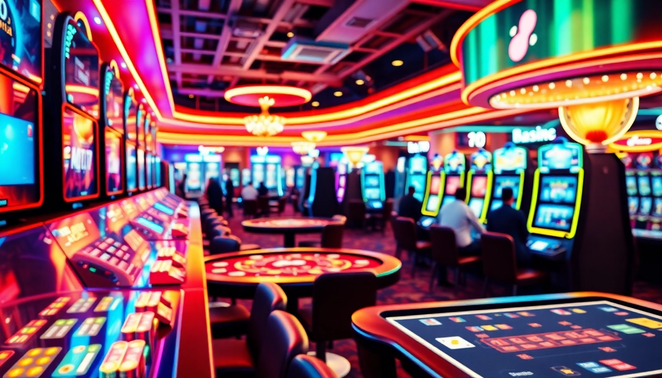 Joueurs engagés dans un casino sans kyc avec des tables de jeu animées et une ambiance brillante.