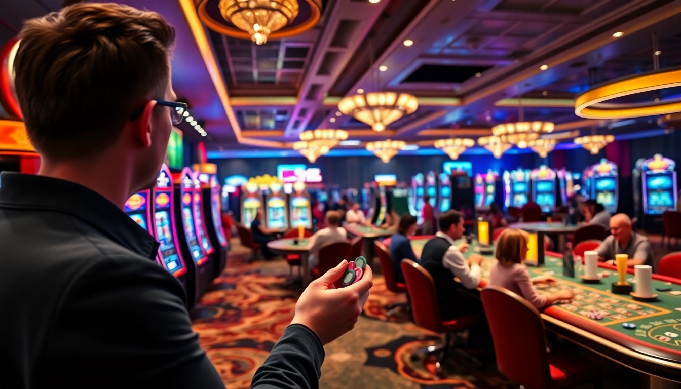 Vibrant casino en ligne scene with players at slot machines and table games celebrating wins.