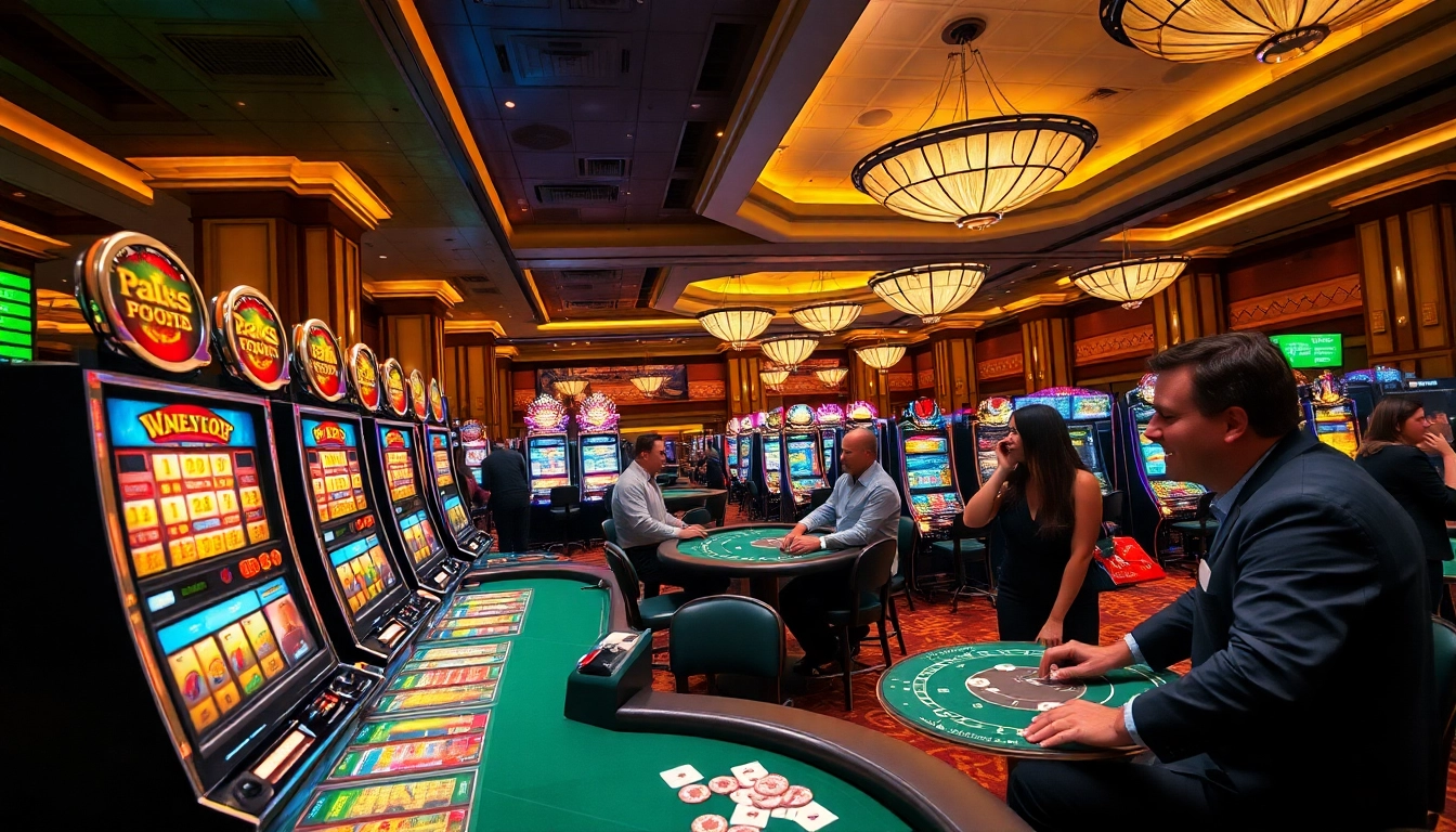 Joueurs de casino en ligne s'amusant dans une ambiance élégante avec des machines à sous. related image