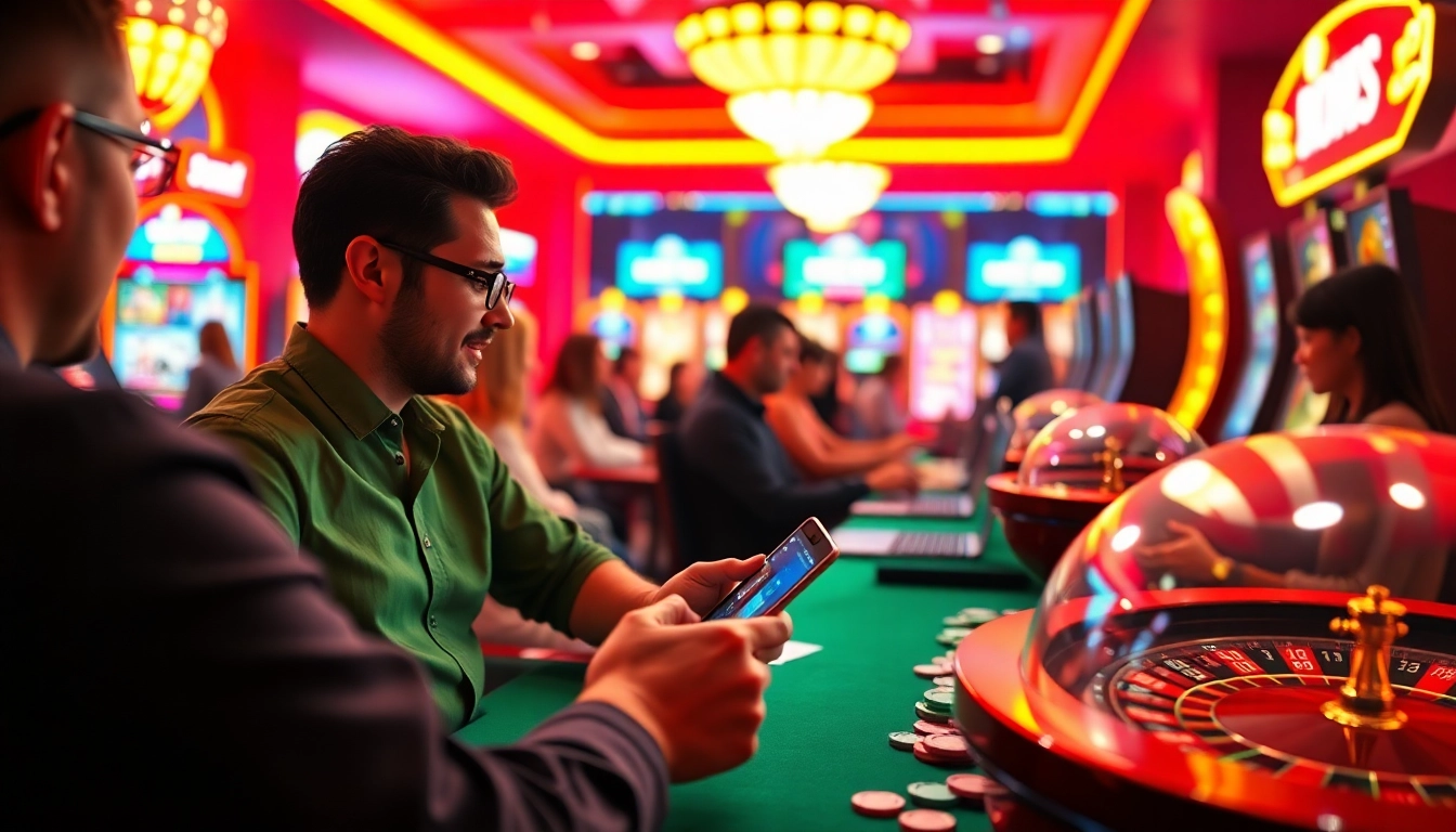 Jouez au casino en ligne avec des joueurs heureux gagnant des jetons colorés et des cartes étalées. related image