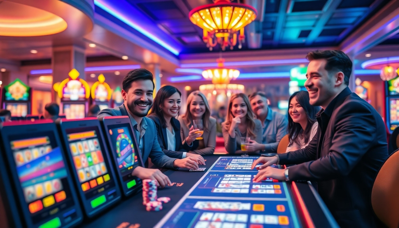 Joueurs heureux profitant d'un casino en ligne, ambiance lumineuse et joyeuse.