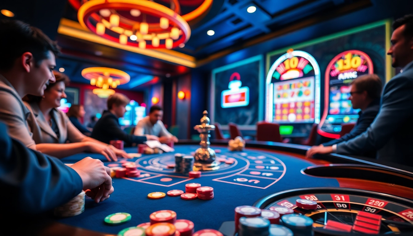 Jouer à casino en ligne avec des joueurs autour d'une table colorée de Blackjack. related image