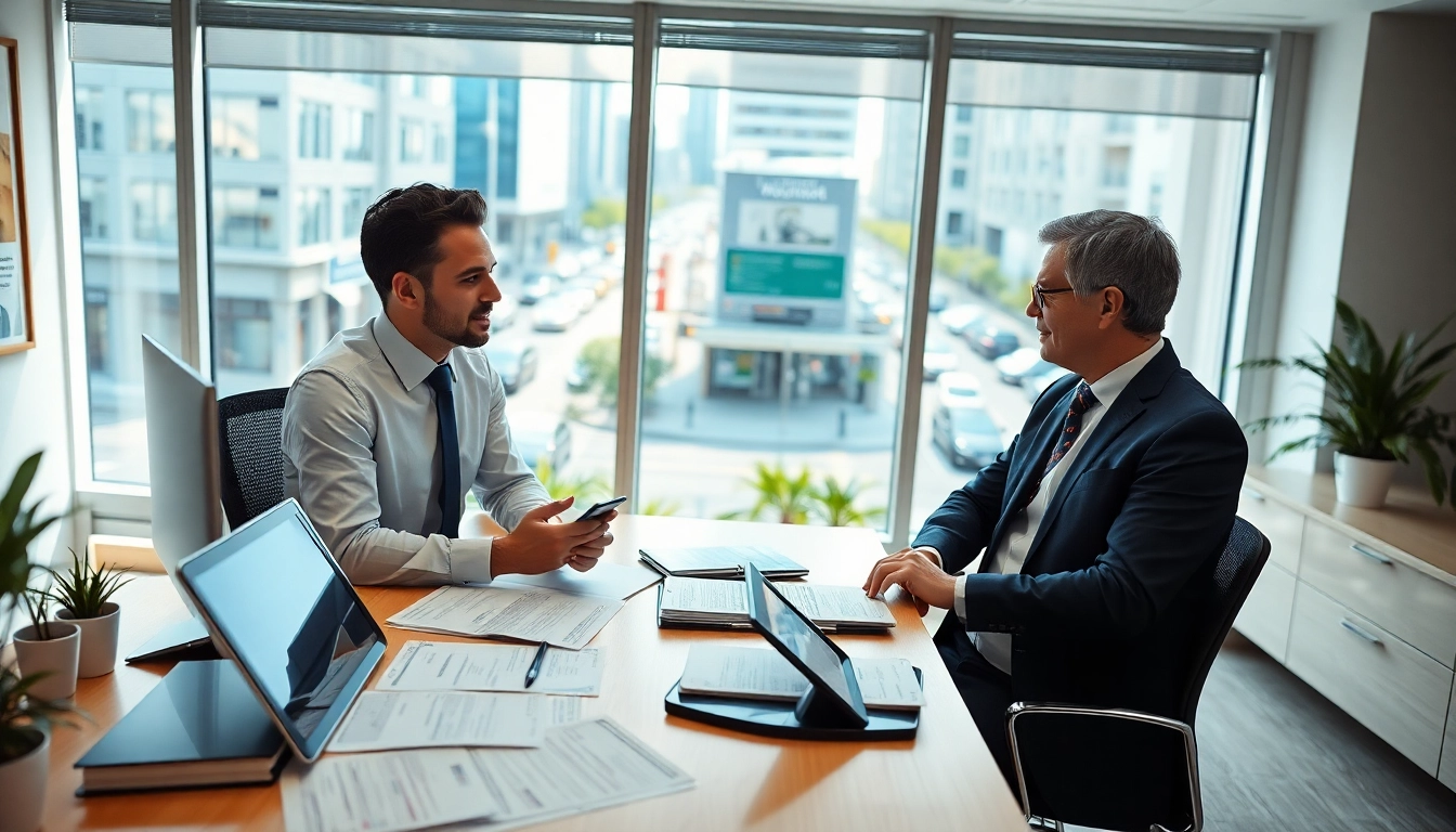 Obtenez des conseils sur l'assurance auto avec un agent professionnel dans un bureau moderne.
