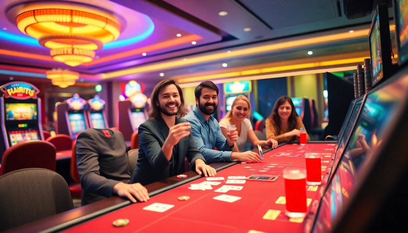 Joueurs heureux profitant d'un casino en ligne, ambiance lumineuse et joyeuse. related image