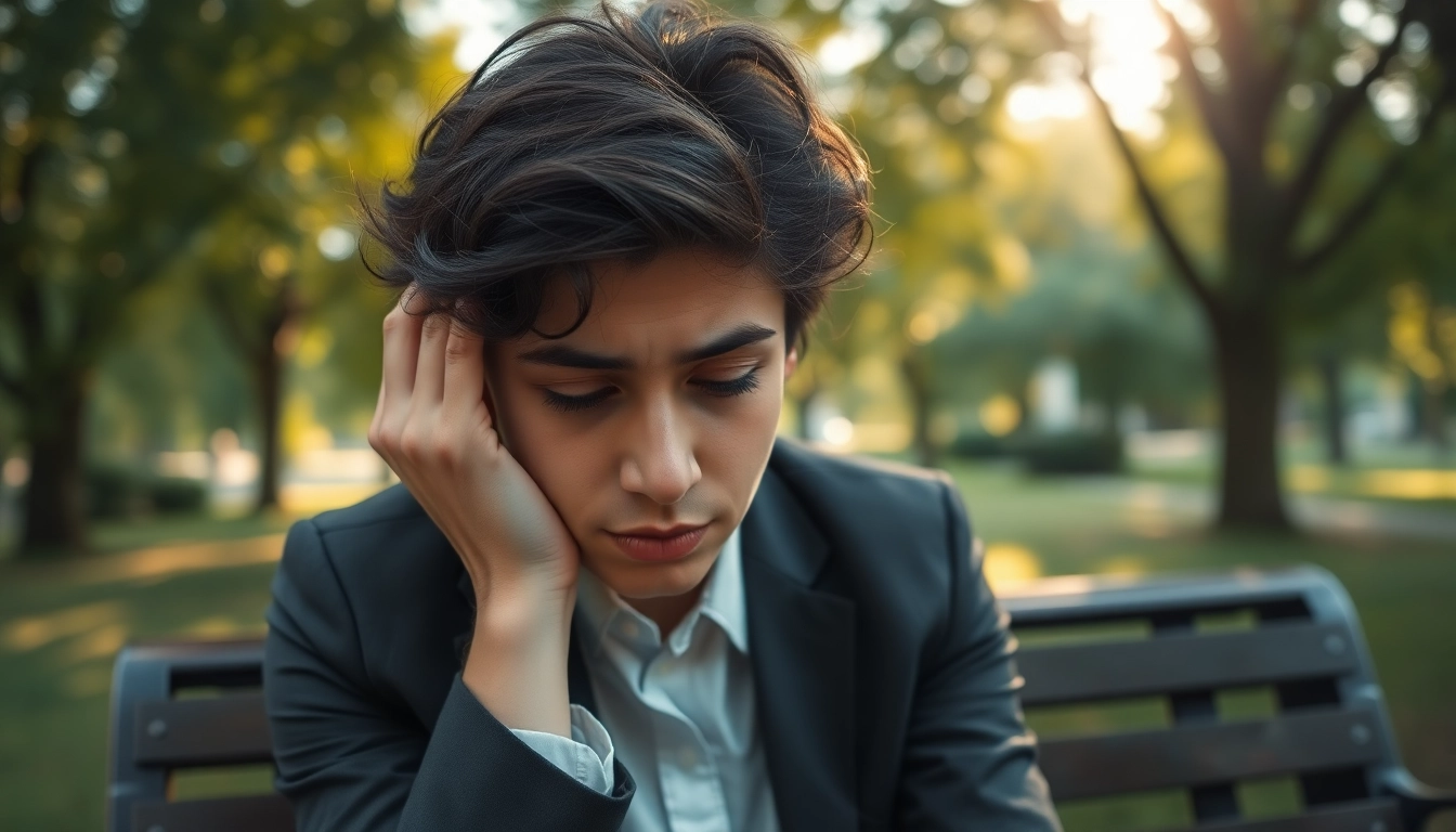 A person experiencing health anxiety is ruining my life while sitting in a serene park, depicting inner turmoil.