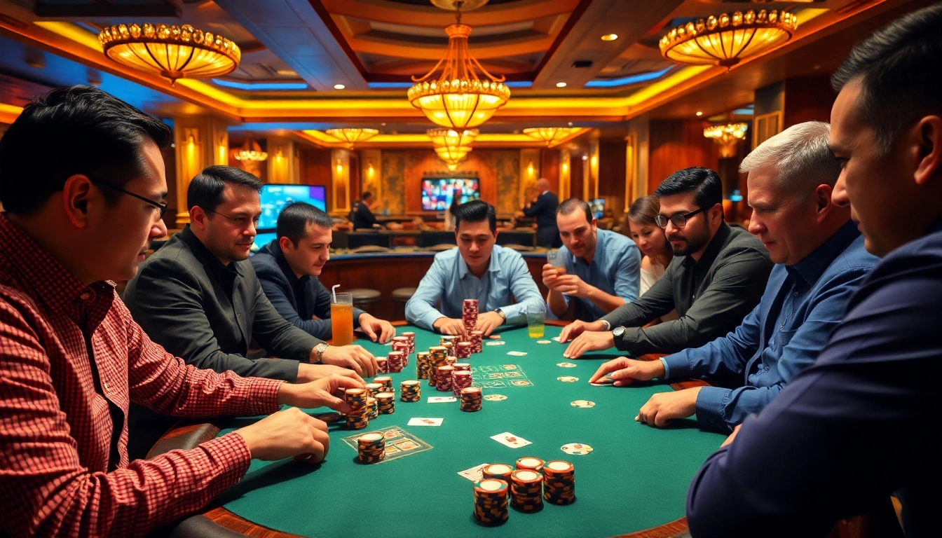 Jouez au poker en ligne dans un environnement de casino vibrant avec des joueurs concentrés.