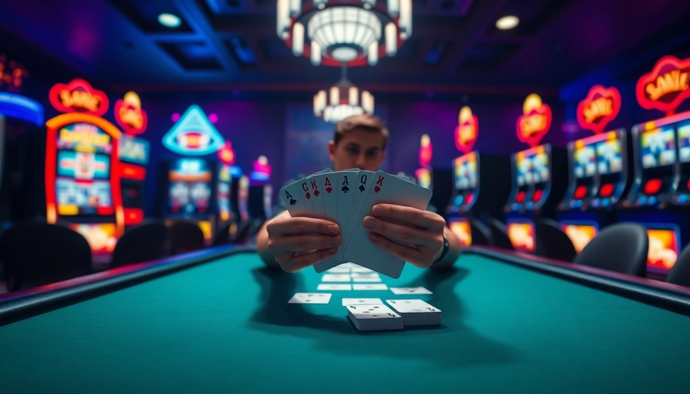 Jouer à des jeux captivants sur un casino en ligne, avec des machines à sous lumineuses en arrière-plan.
