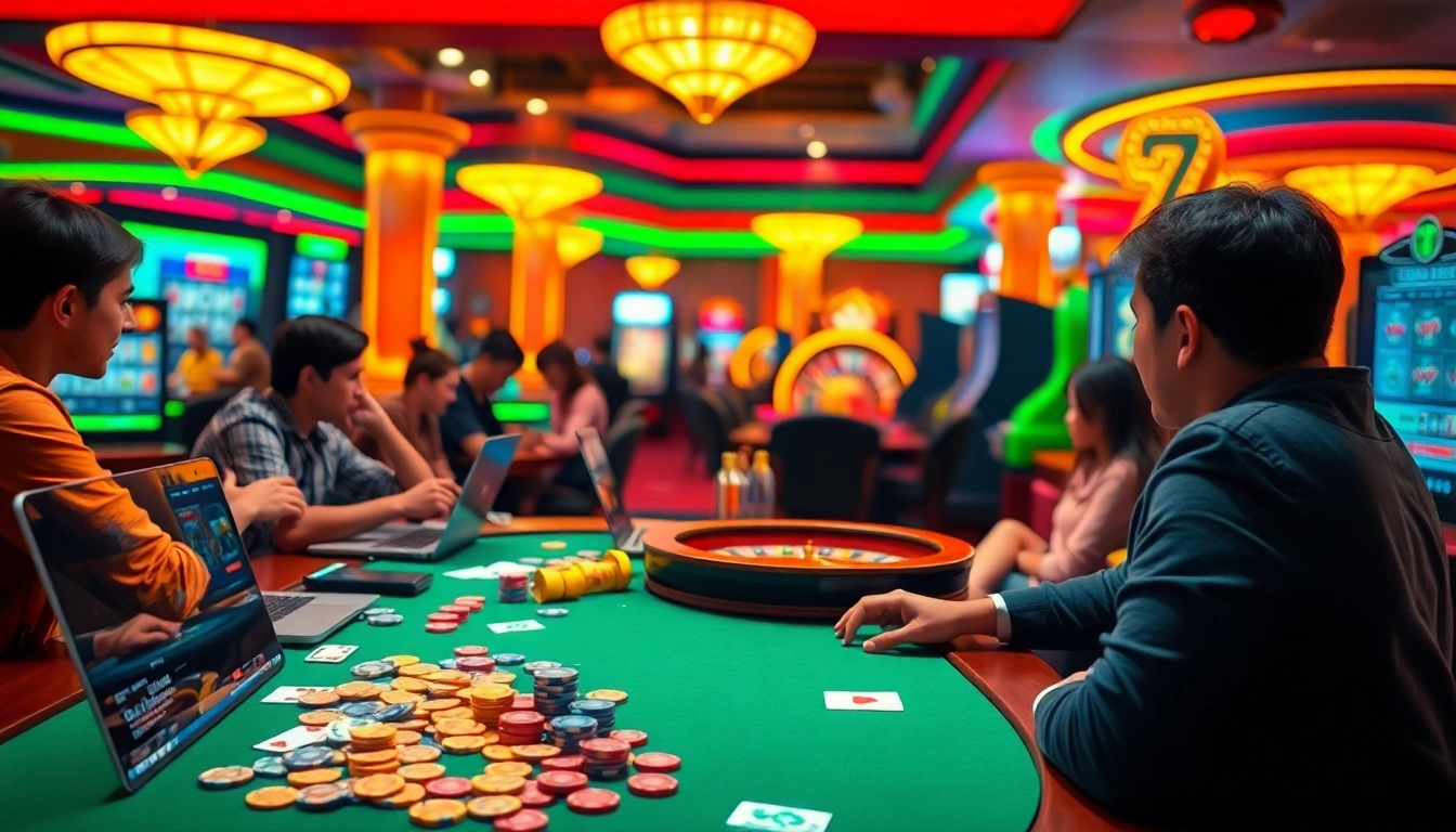 Jouez au casino en ligne avec des joueurs heureux gagnant des jetons colorés et des cartes étalées.