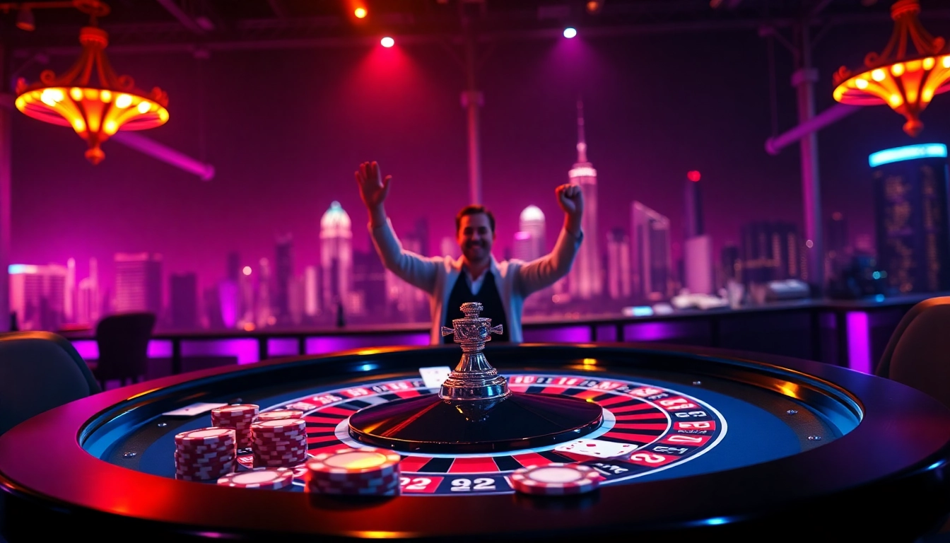 joueur célébrant une victoire dans un casino en ligne retrait immédiat avec des lumières néon vibrantes