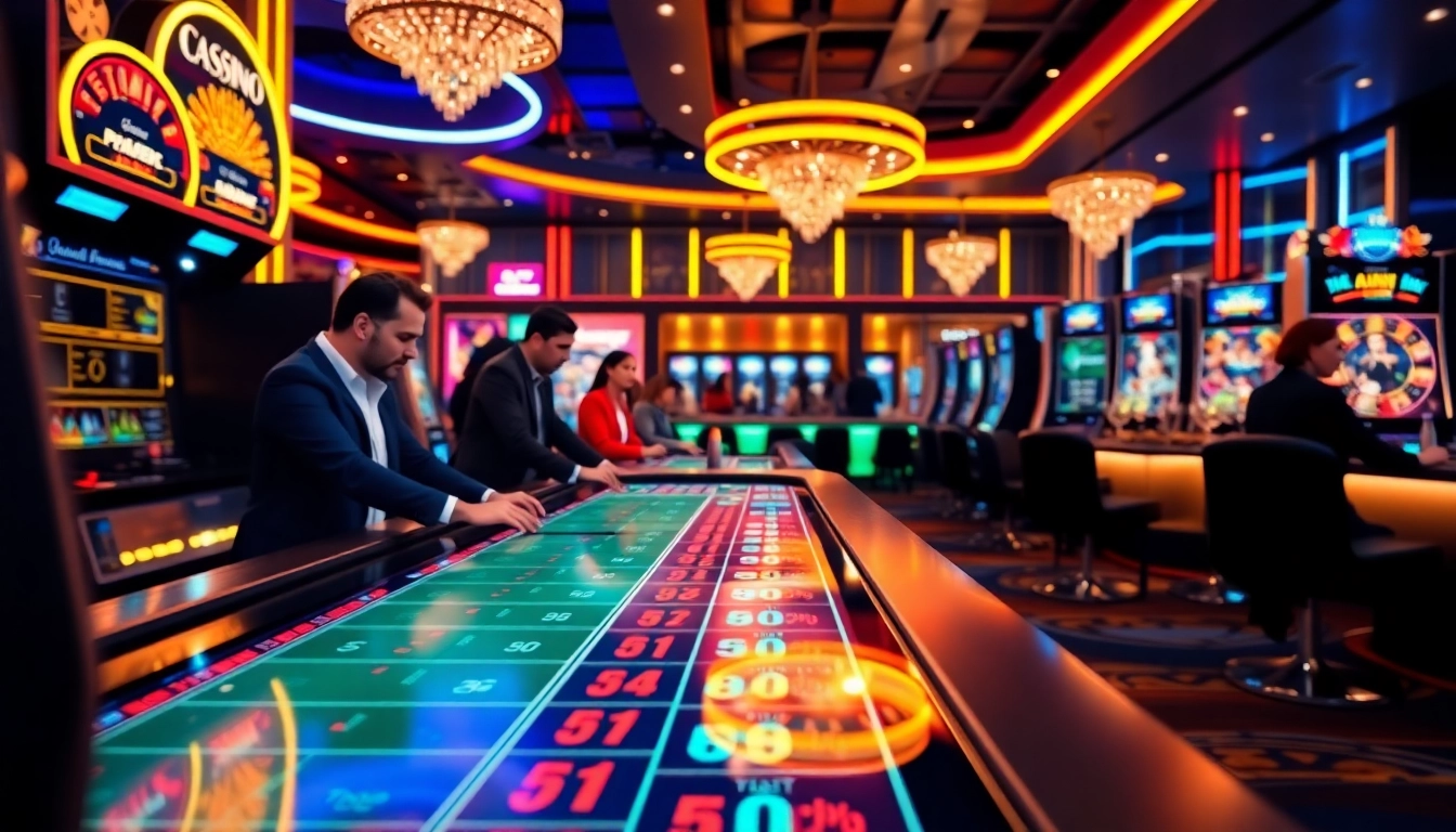 Expérience immersive au nouveau casino en ligne avec des joueurs engagés autour des machines modernes.