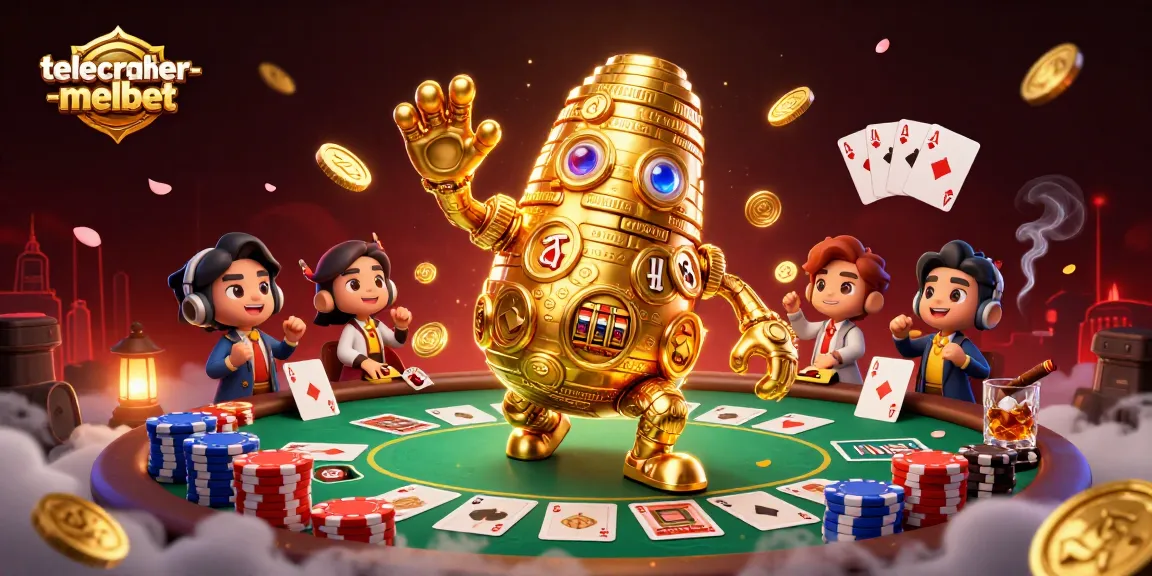 Engage with the vibrant world of telecharger-melbet, showcasing a golden golem and poker elements.