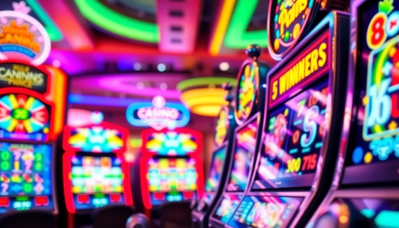 Machines à sous en ligne illuminées dans un casino festif, captivant l'attention des joueurs.