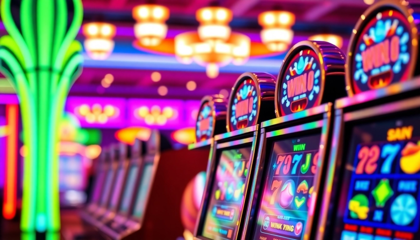 Machines à sous en ligne illuminées dans un casino festif, captivant l'attention des joueurs. related image