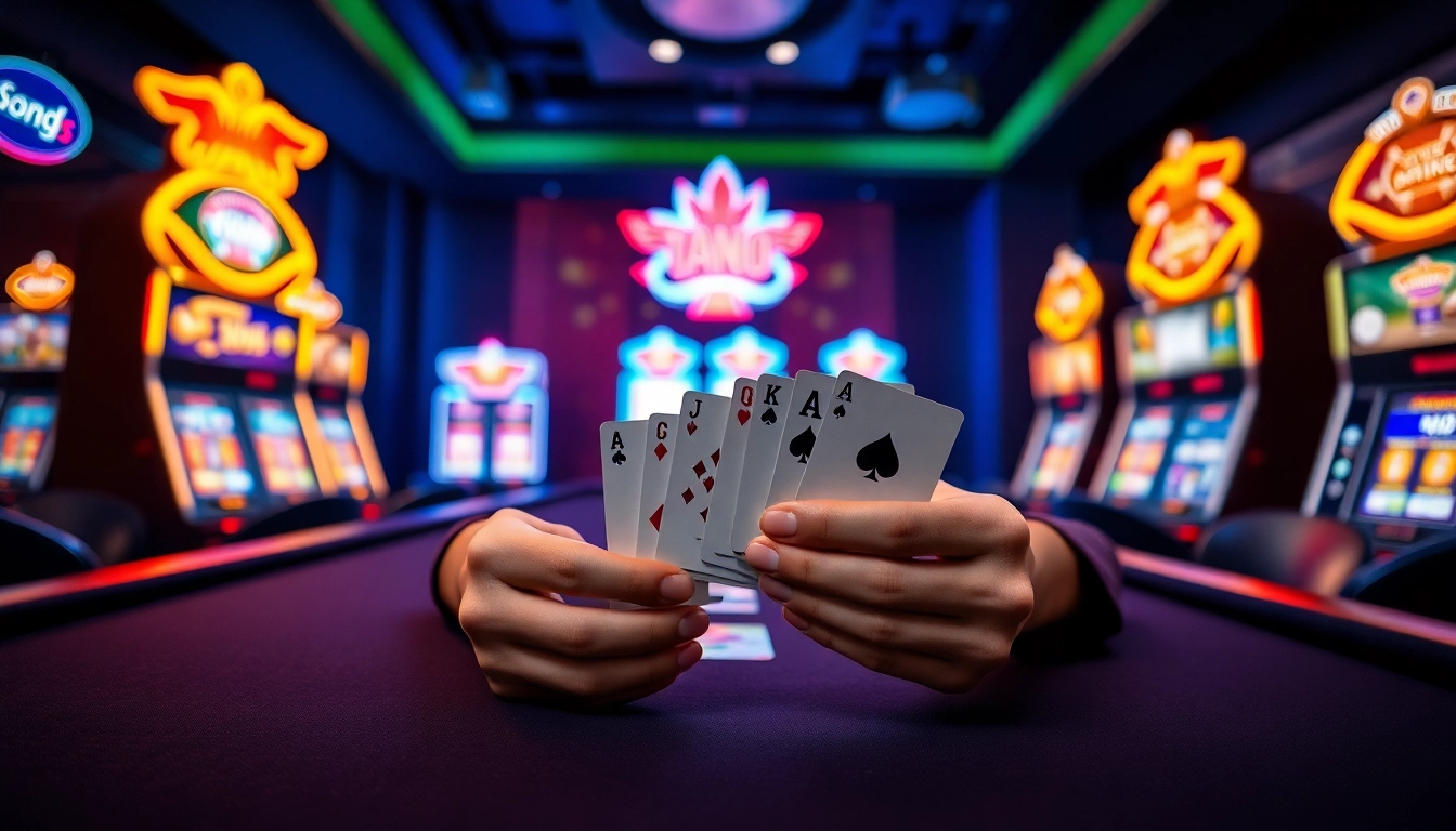 Jouer à des jeux captivants sur un casino en ligne, avec des machines à sous lumineuses en arrière-plan. related image