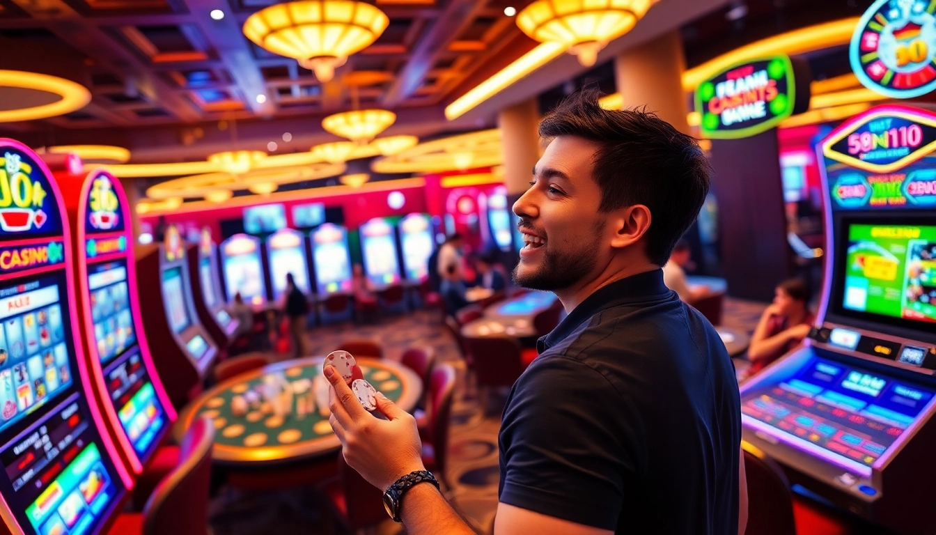 Vibrant casino en ligne scene with players at slot machines and table games celebrating wins. related image