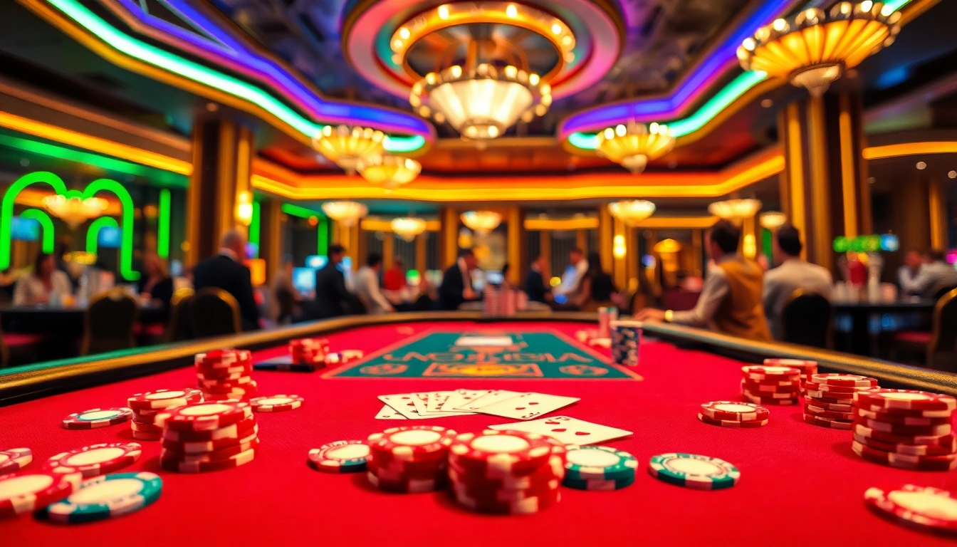 Casino en ligne avec un environnement lumineux et des joueurs engagés autour de la table de jeu. related image