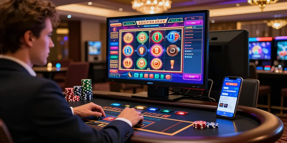 Expérience immersive de casino en ligne avec joueur devant écran affichant jeux colorés.