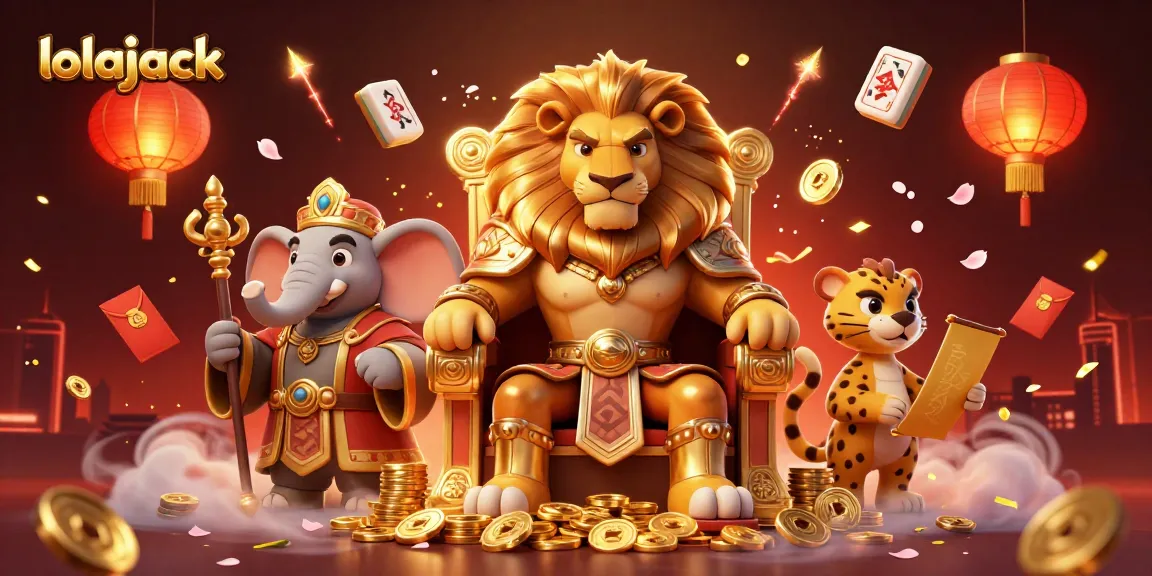 Experience thrill at lolajack casino with a lion king, elephant advisor, and cheetah messenger in a vibrant gambling scene.