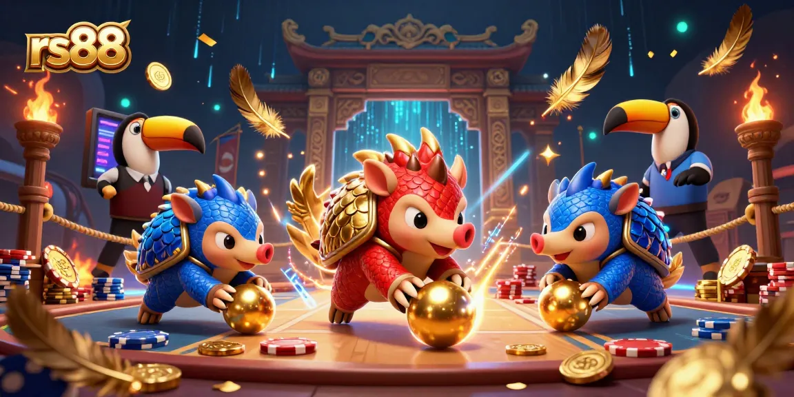 Experience thrilling gameplay at rs88 with exciting pangolin characters battling in a vibrant casino scene.
