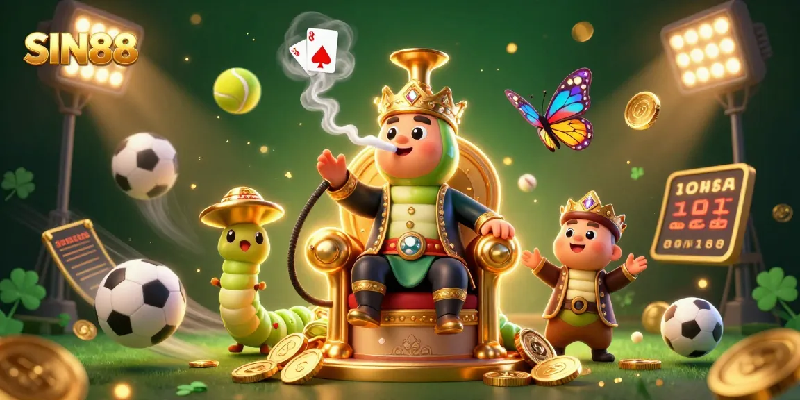SIN88 illustrates a vibrant scene of a caterpillar hookah-master in a Turkish sultan outfit, surrounded by dynamic sports elements.