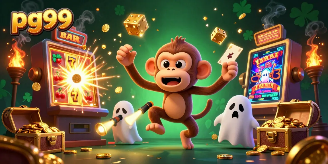 Engaging illustration of pg99 featuring a mischievous monkey in a haunted casino with dynamic elements.
