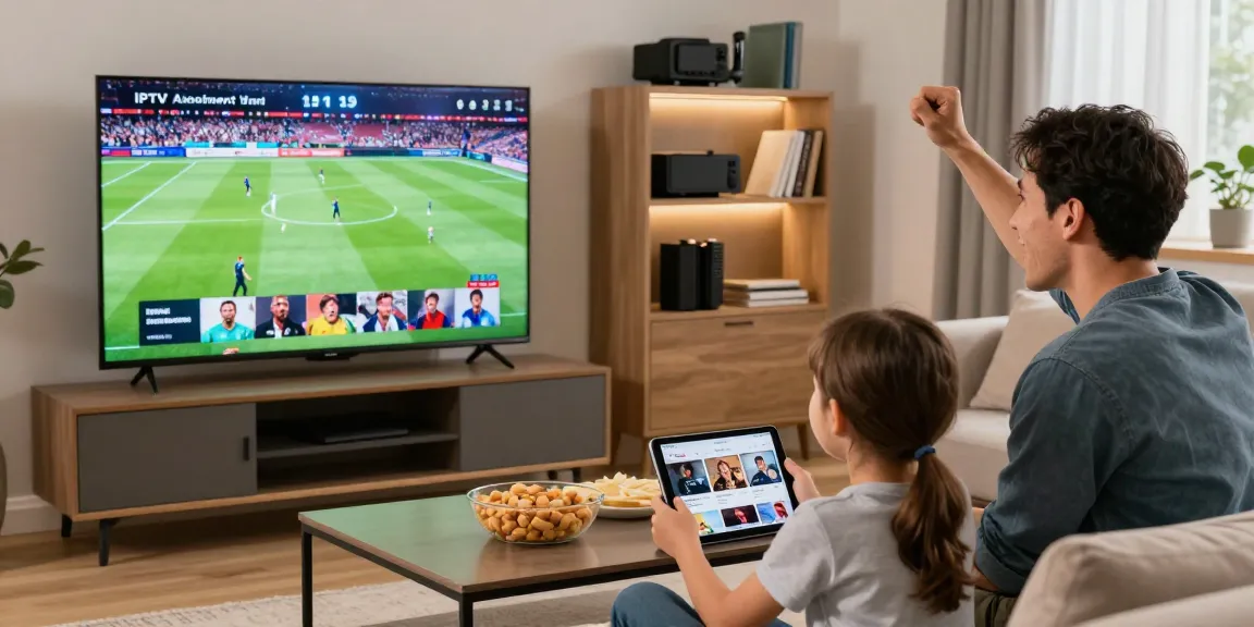 Une famille profitant d'un abonnement IPTV dans un salon moderne, regardant un match de sport en direct.