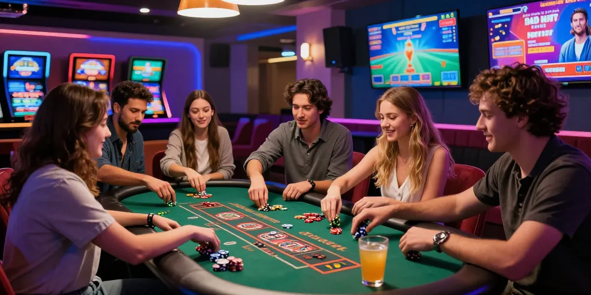 Groupe d'amis jouant ensemble au casino en ligne fiable avec roulette et blackjack, ambiance animée et couleurs vives.