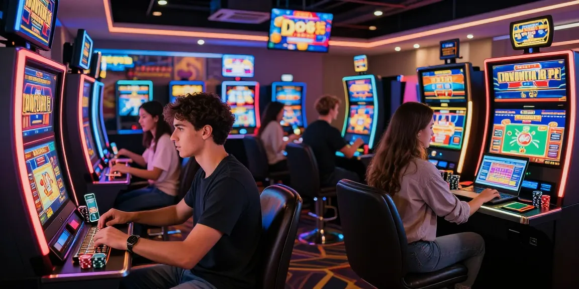 Joueurs engagés dans des jeux de casino en ligne, ambiance dynamique et moderne avec jeux interactifs.