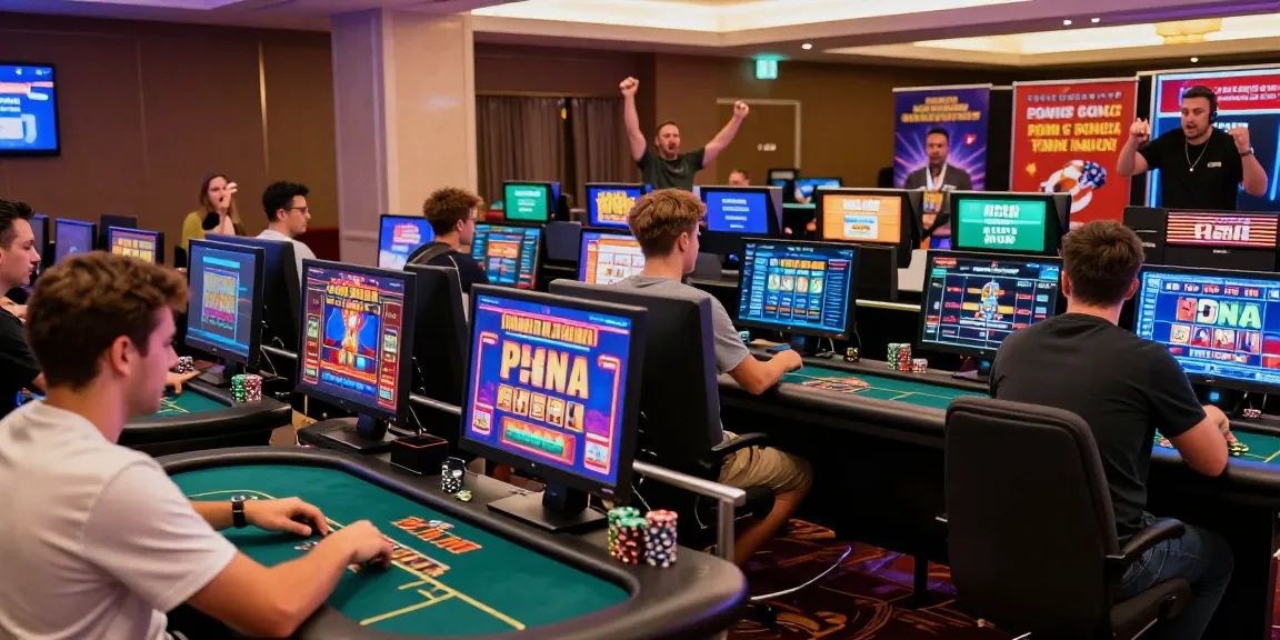 Ambiance d'un casino en ligne avec des joueurs profitant de jeux variés, mettant en avant l'excitation des jeux de casino en ligne.