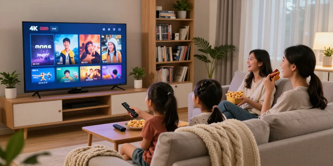 Expérience de visionnage d'abonnement IPTV en famille dans un salon moderne avec écran 4K.