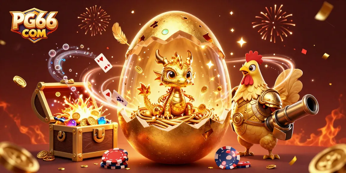 Play thrilling games at PG66 COM with a vibrant baby dragon and golden treasures on poker chips.