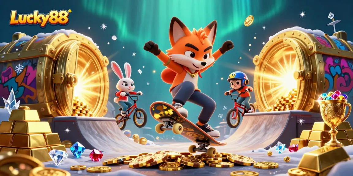 Join the action at Lucky88 with a skateboard fox and BMX rabbit in a vibrant casino scene.