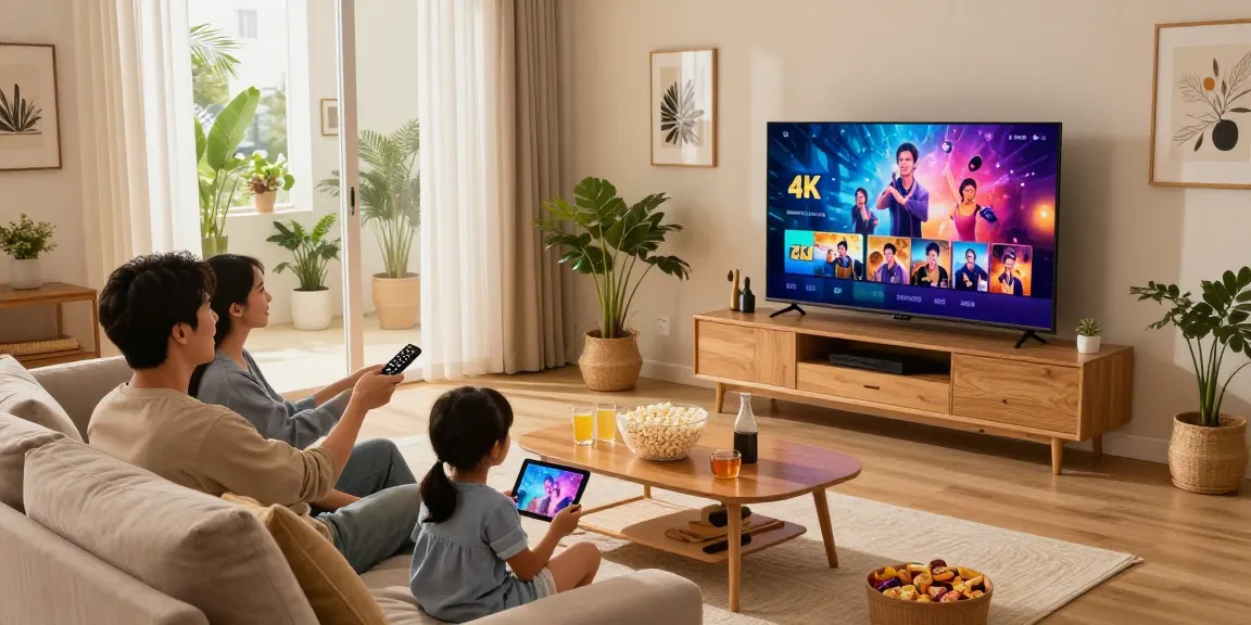 Profitez de l'abonnement IPTV avec une famille dans un salon moderne, écran 4K affichant du contenu vibrant.