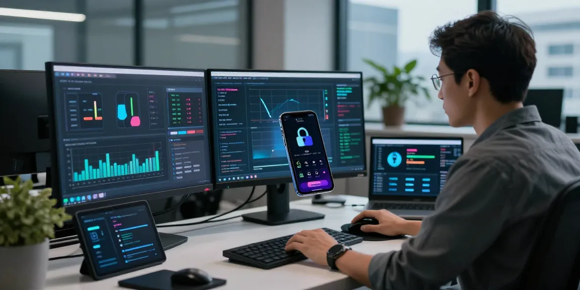 Analyse des applications espion sur smartphone dans un bureau moderne avec des analystes surveillant les données.