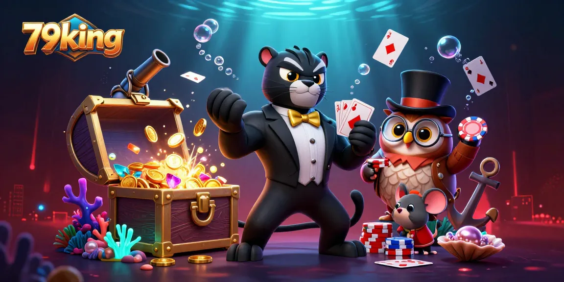 Engage in exciting games with 79king's charming characters as they deal cards and showcase poker chips in a vibrant casino atmosphere.
