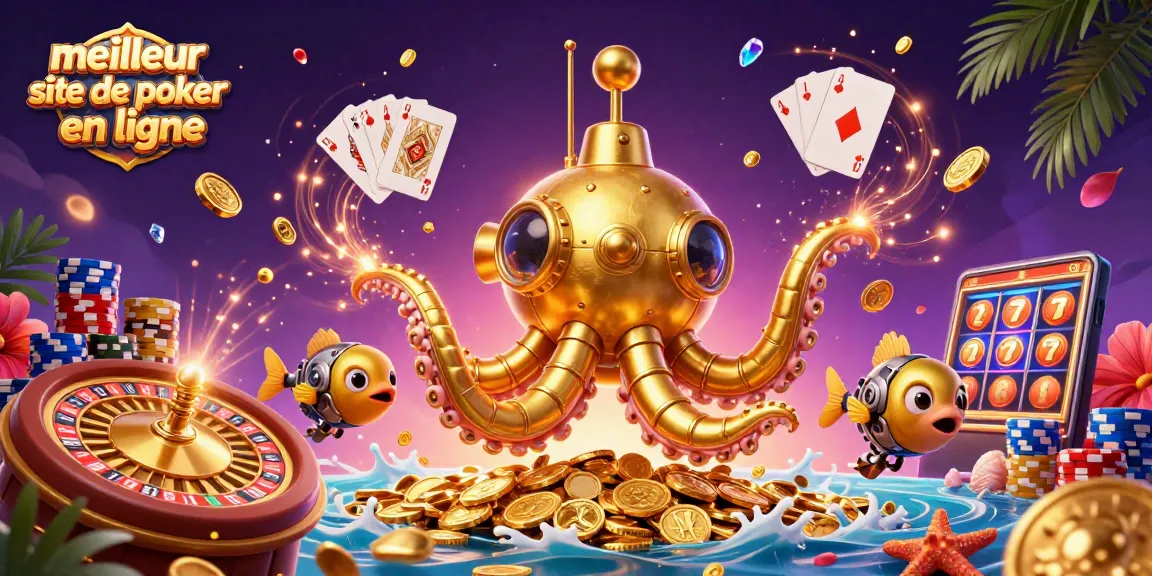 Meilleur site de poker en ligne illustrant une expérience immersive avec un kraken doré et des éléments de casino