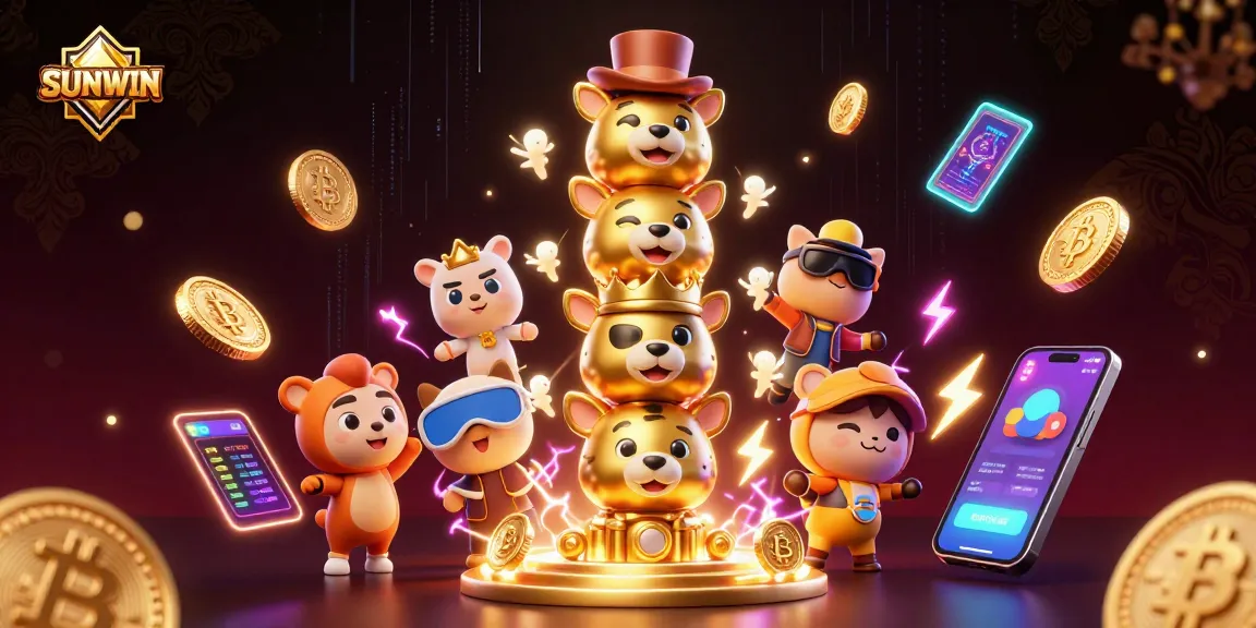 SUNWIN features a vibrant casino totem and digital crypto coins in an engaging gaming scene.