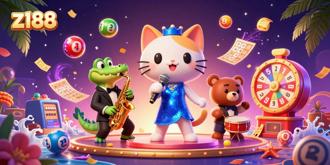 Experience z188 excitement with a lively illustration showcasing casino fun and vibrant characters.
