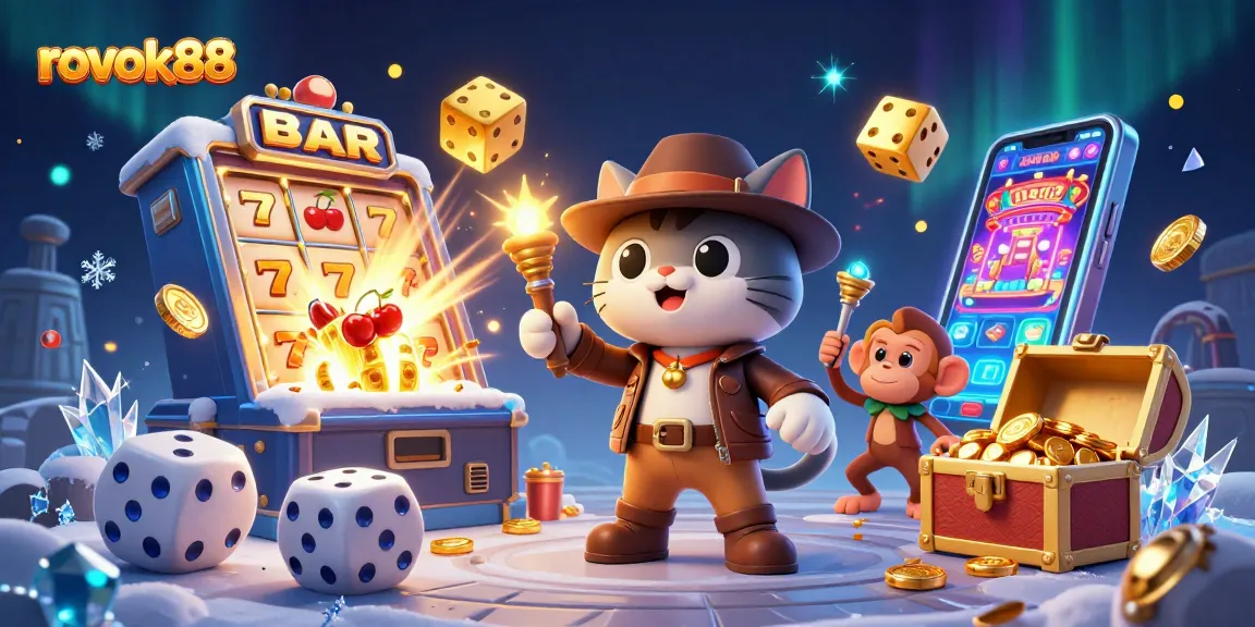 Play exciting games at rokok88 with vibrant visuals showcasing a 3D cartoon scene filled with casino elements.