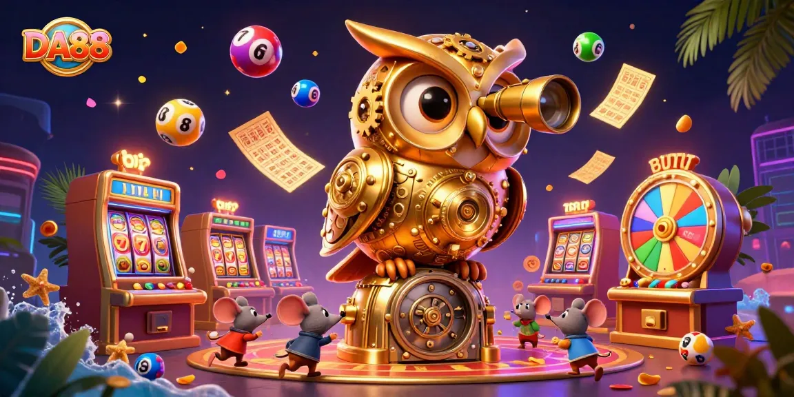 DA88 showcases a lively casino scene with a golden owl and wind-up mice amid vibrant games.