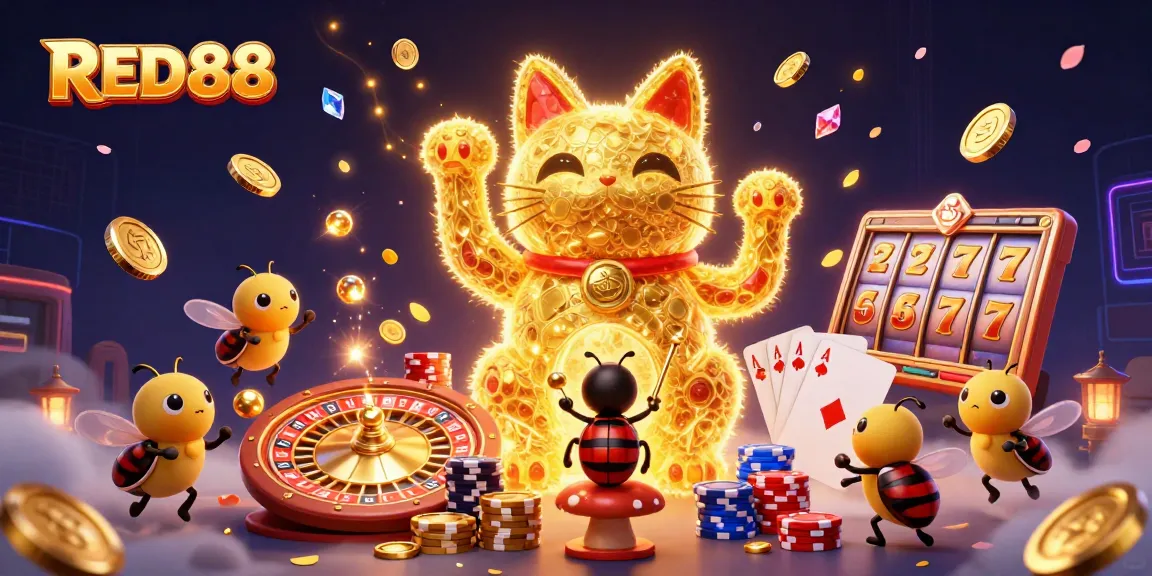 Engage with RED88's slot machine adventure featuring a majestic lucky cat and vibrant casino elements.