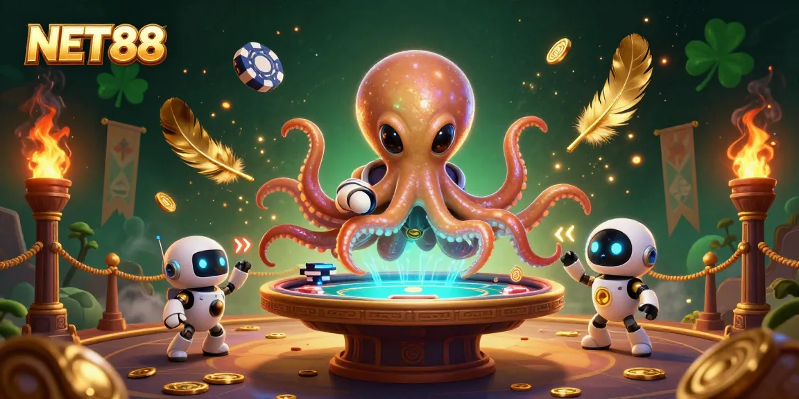 Join the action at NET88 with a 3D octopus dealing cards at a cosmic poker table!