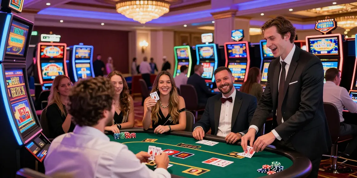 Expérience de jeu au casino en ligne avec des joueurs gagnants et une ambiance festive