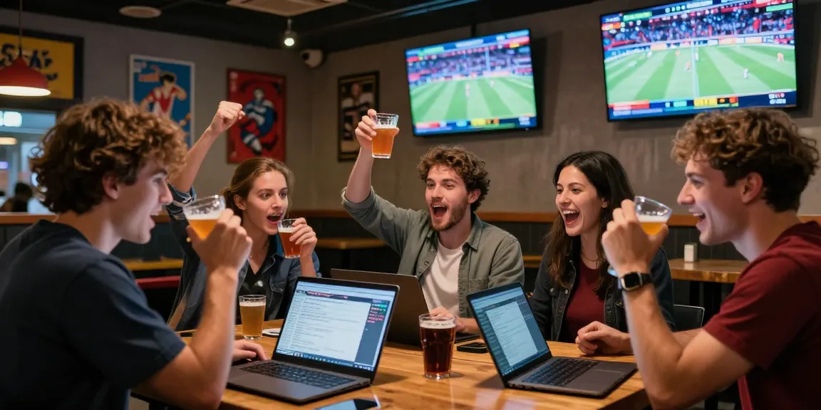Scène de paris sportifs dans un bar animé avec des fans célébrant des gains, bookmaker sans limite de mise affiché sur les écrans.