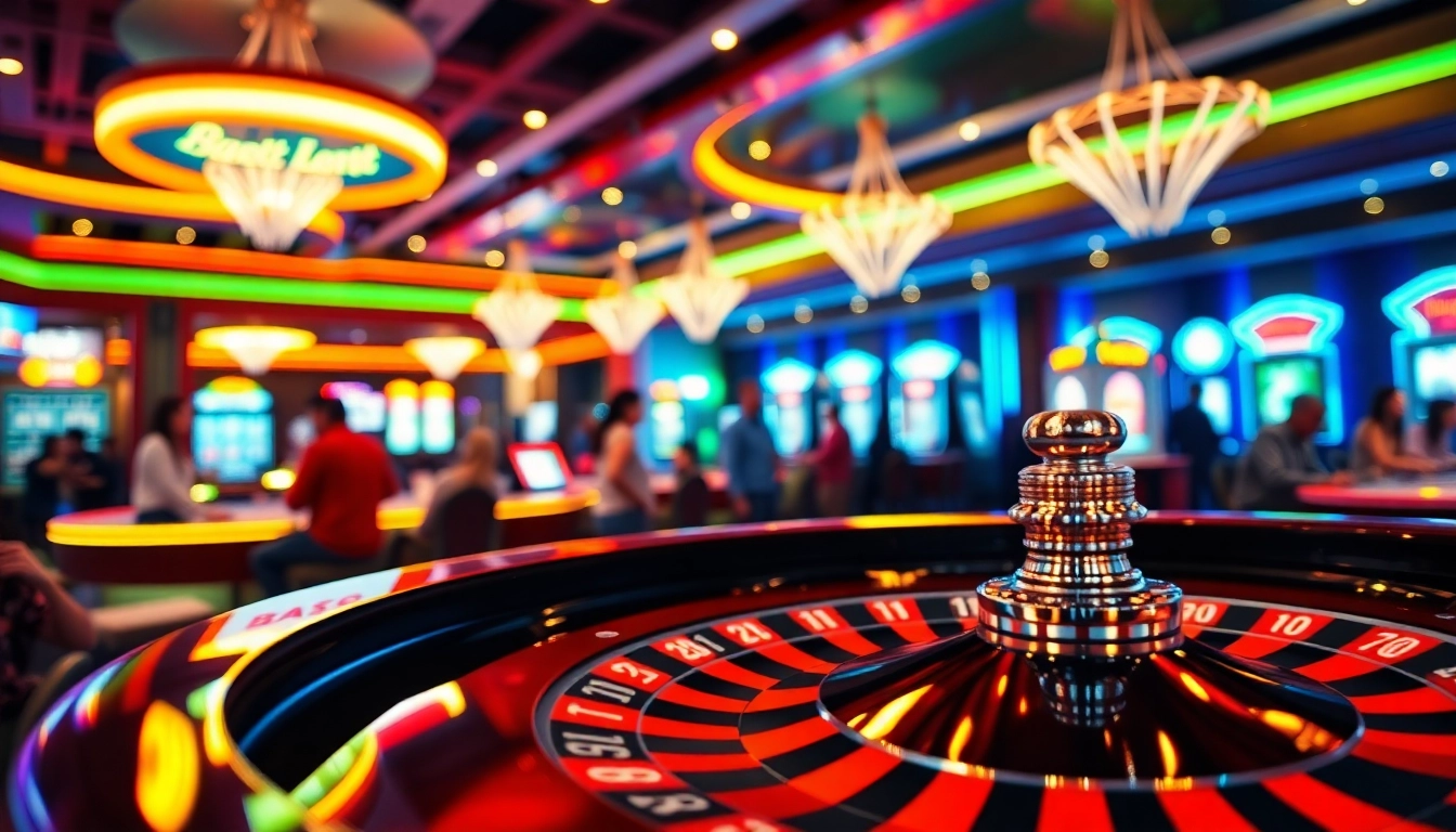 Vivez l'excitation d'un casino en ligne avec une roulette animée et des joueurs captivés.