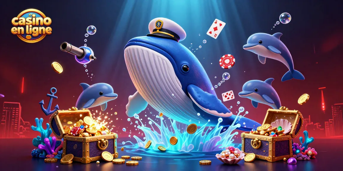 Jouez au casino en ligne avec une illustration colorée de baleine, dauphins et trésors marins.